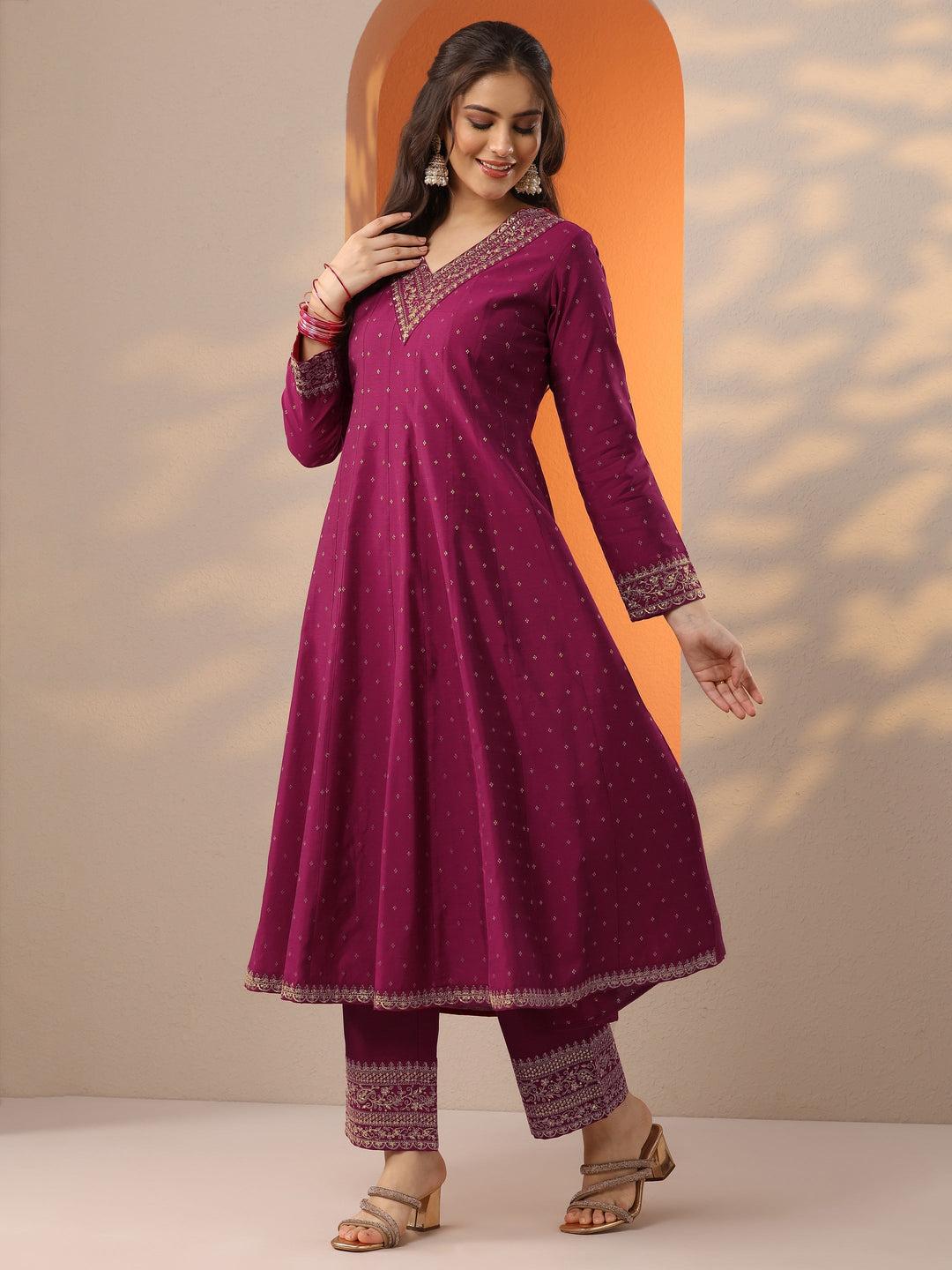 Magenta Woven Design Silk Blend Anarkali Suit Set With Dupatta