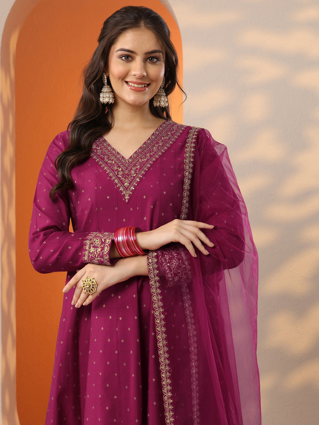 Magenta Woven Design Silk Blend Anarkali Suit Set With Dupatta