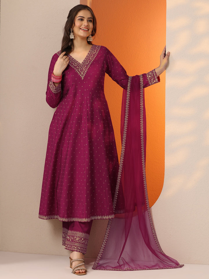 Magenta Woven Design Silk Blend Anarkali Suit Set With Dupatta