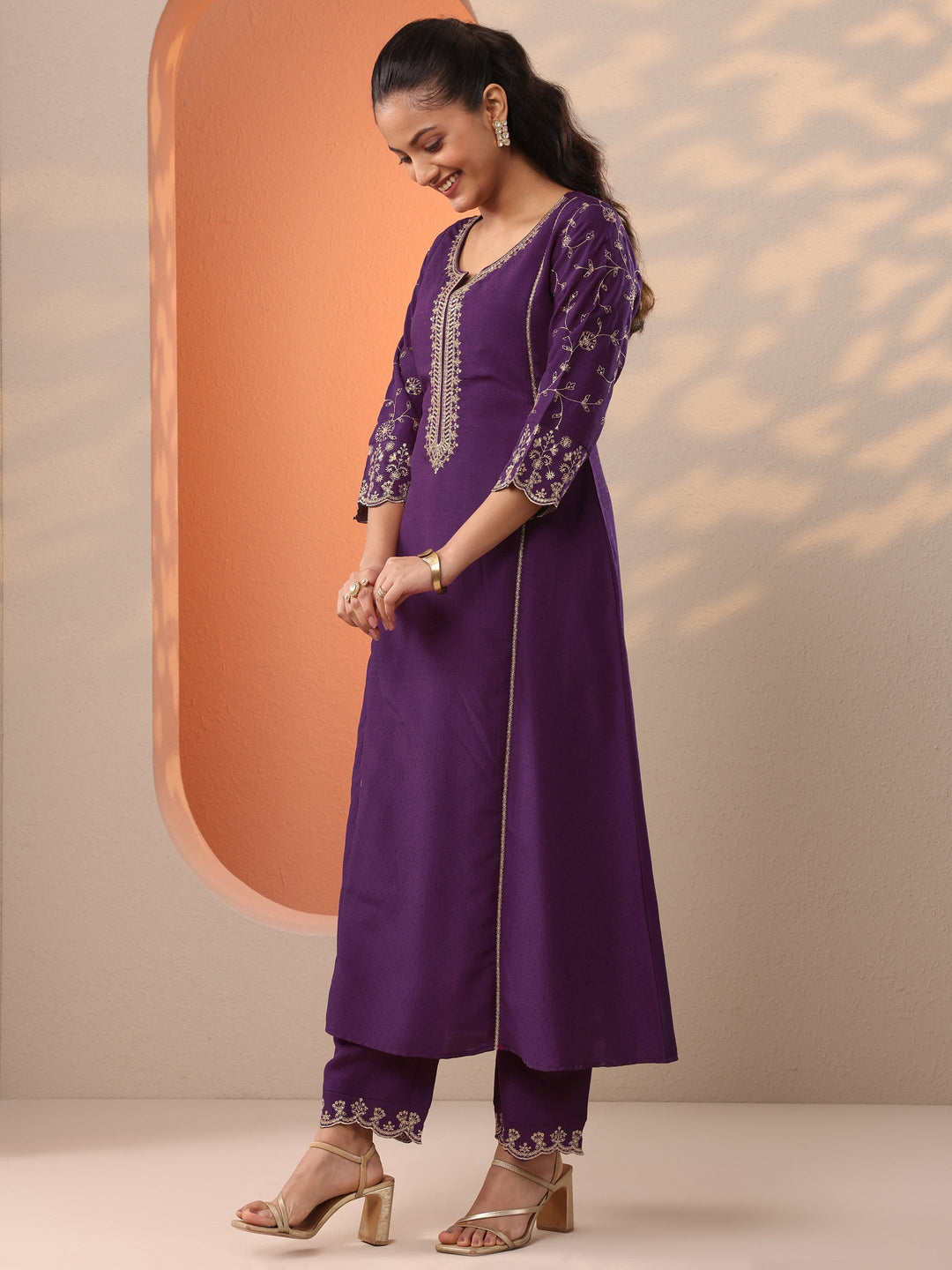 Burgundy Embroidered Silk Blend A-Line Suit Set With Dupatta