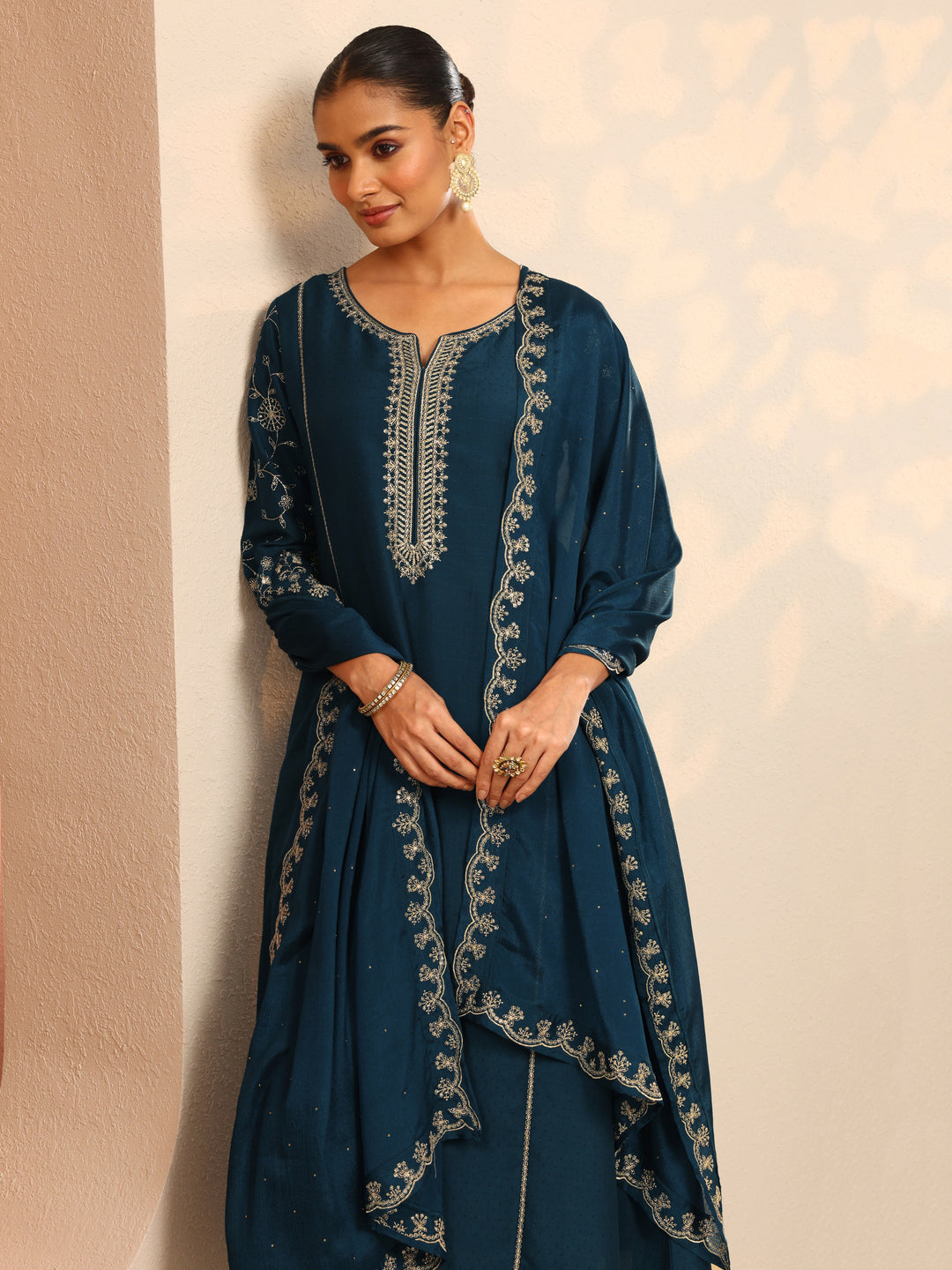 Teal Embroidered Silk Blend A-Line Suit Set With Dupatta