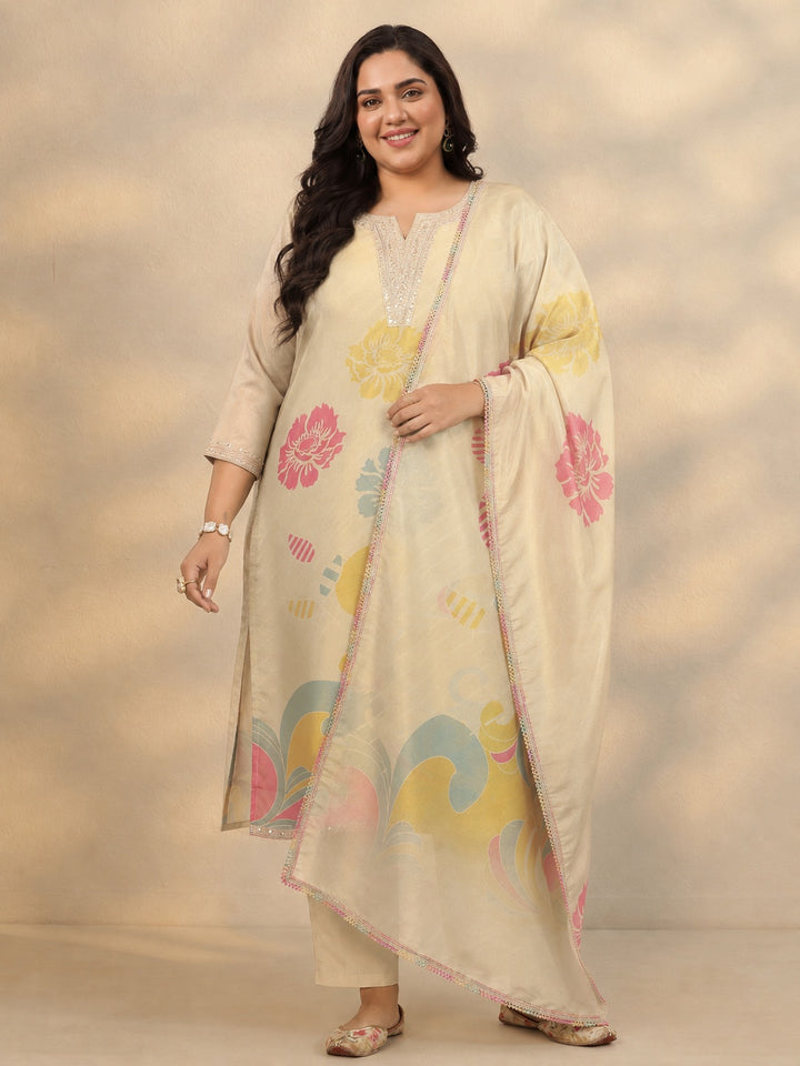 Plus Size Gold Abstract Printed Silk Blend Straight Suit Set