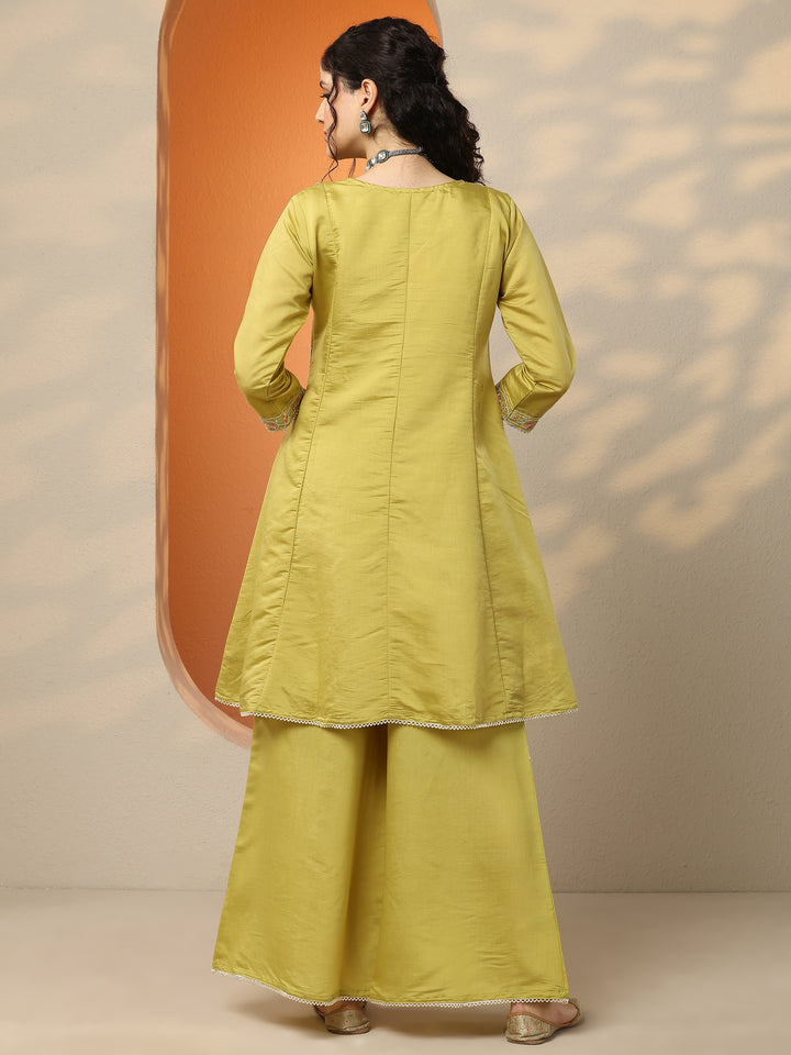 Lime Green Embroidered Silk Blend Co-Ord Sets