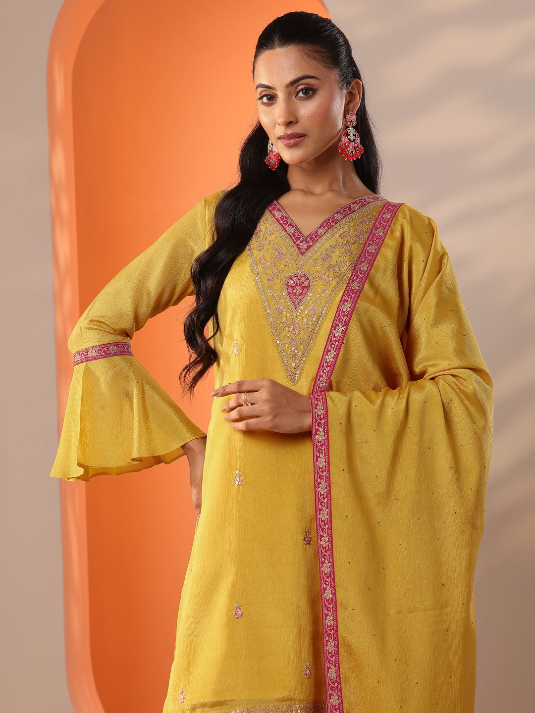 Yellow Embroidered Chinon Straight Suit Set With Dupatta