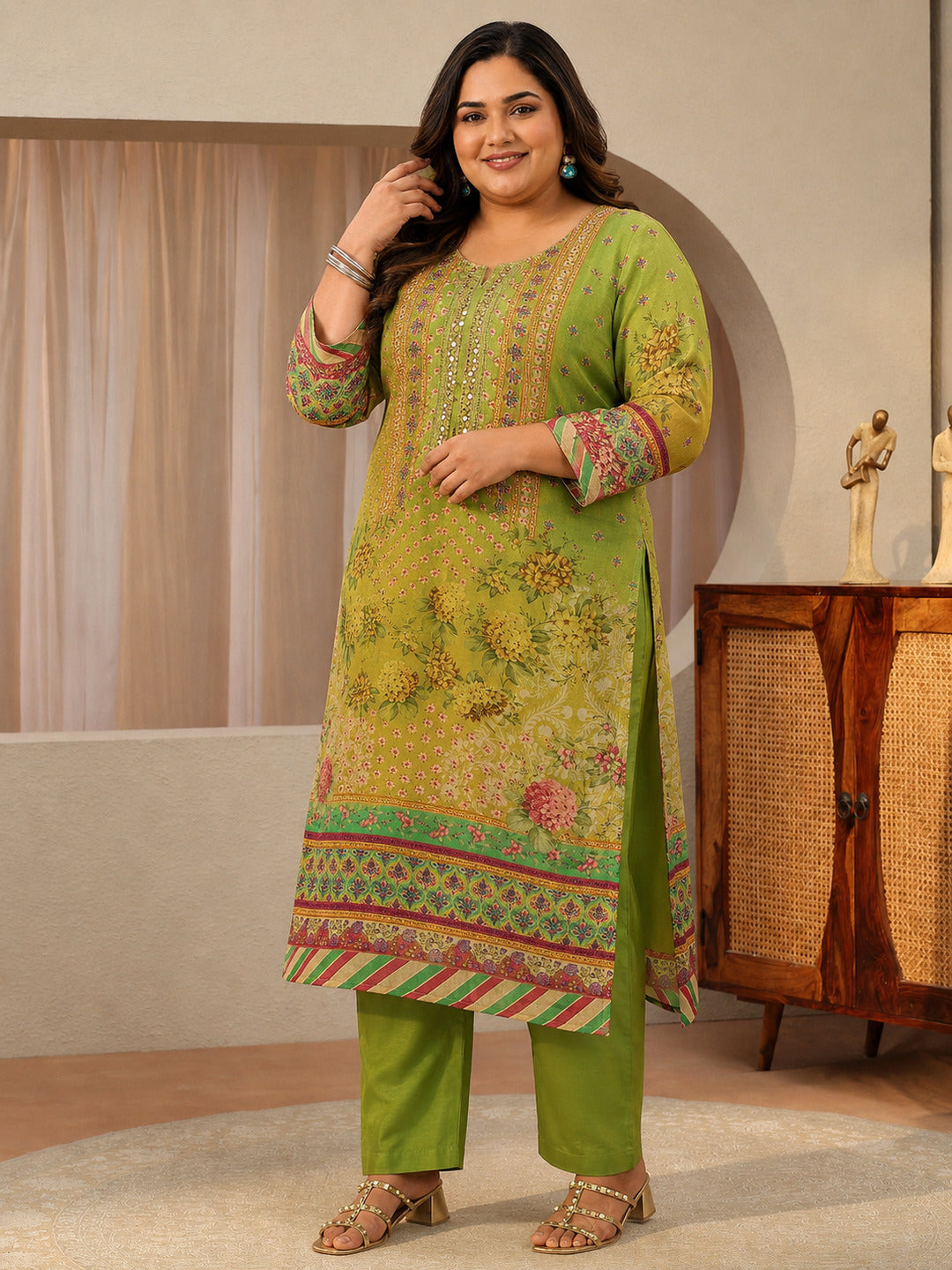 Plus Size Green Printed Chinon  Straight Suit Set With Dupatta