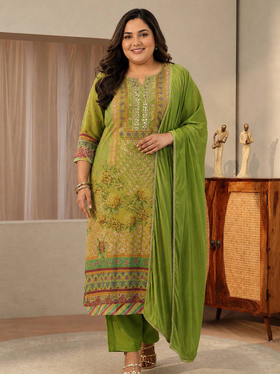 Plus Size Green Printed Chinon  Straight Suit Set With Dupatta