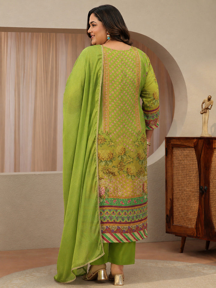 Plus Size Green Printed Chinon  Straight Suit Set With Dupatta