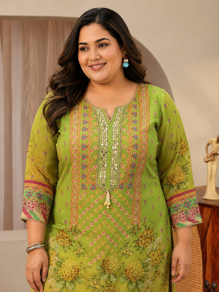 Plus Size Green Printed Chinon  Straight Suit Set With Dupatta