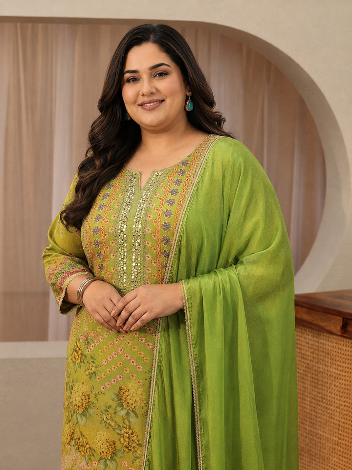 Plus Size Green Printed Chinon  Straight Suit Set With Dupatta