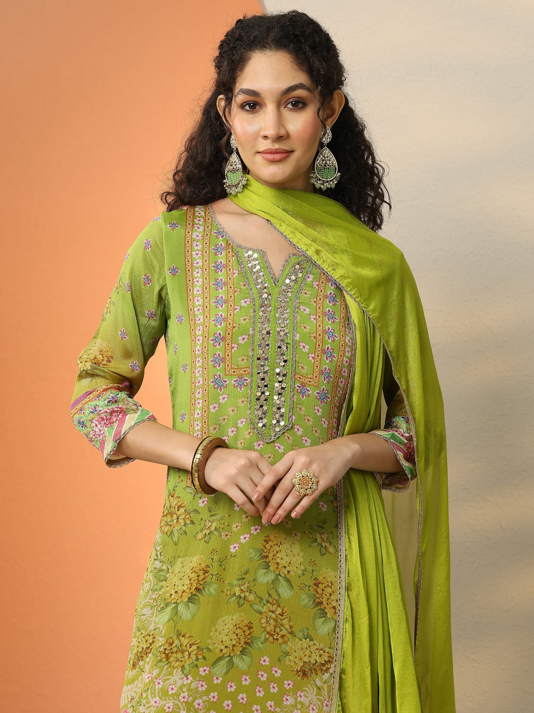 Green Printed Chinon  Straight Suit Set With Dupatta