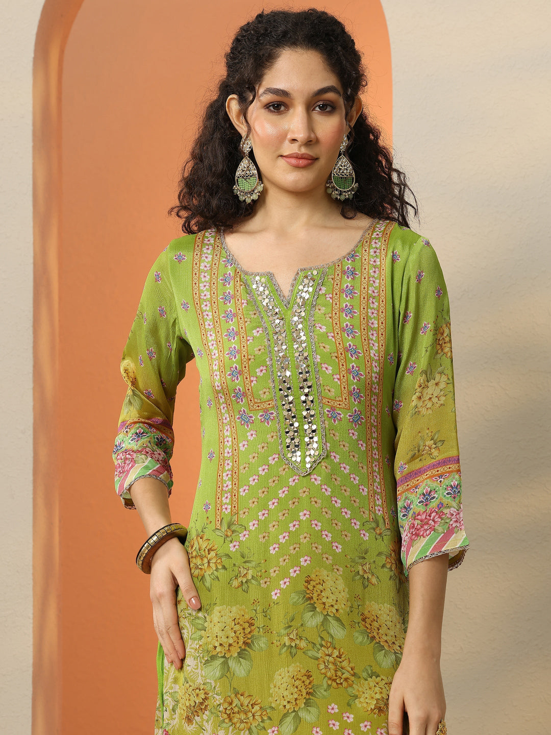 Green Printed Chinon  Straight Suit Set With Dupatta