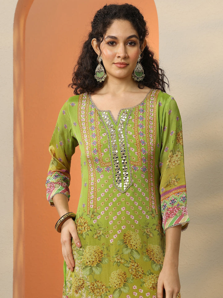 Green Printed Chinon  Straight Suit Set With Dupatta