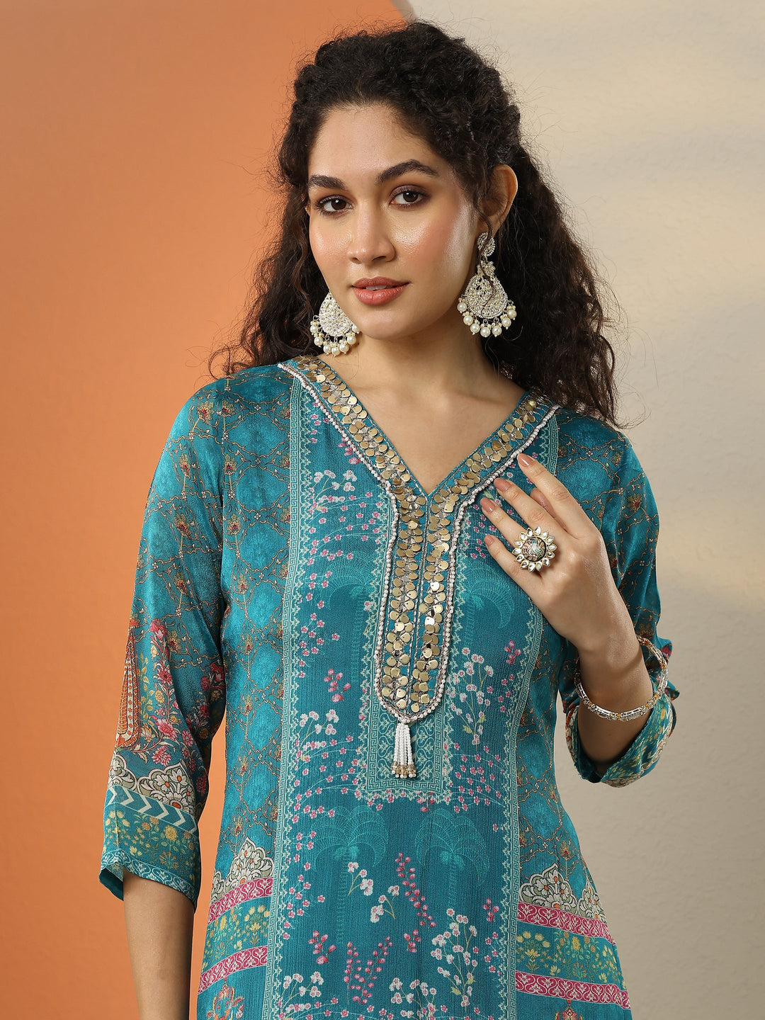 Blue Printed Chinon  Straight Suit Set With Dupatta