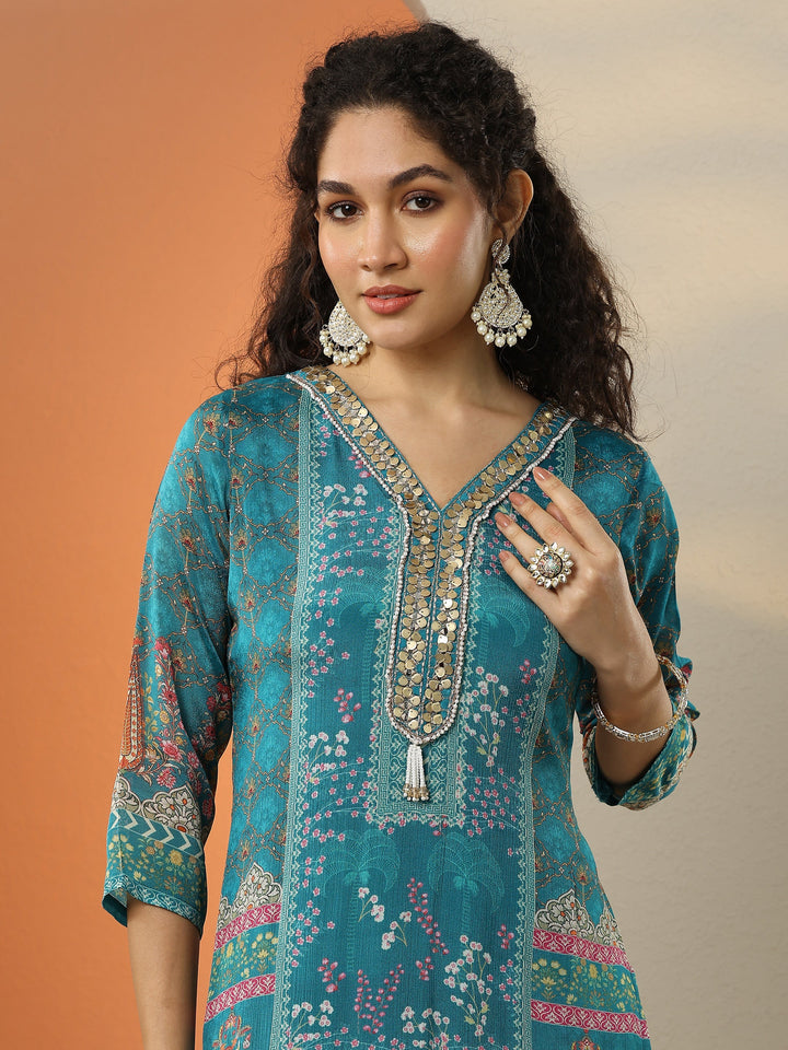Blue Printed Chinon  Straight Suit Set With Dupatta