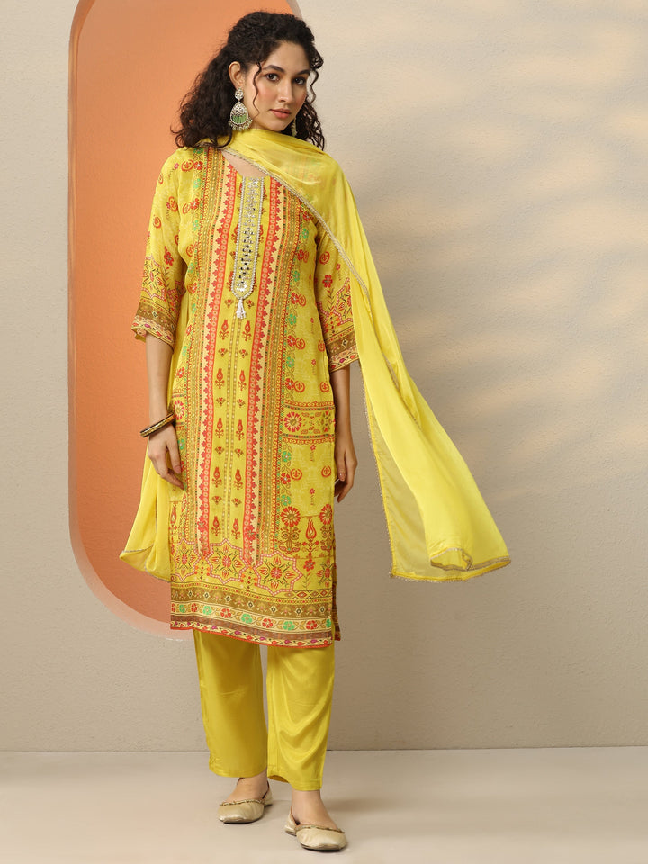Yellow Printed Chinon  Straight Suit Set With Dupatta