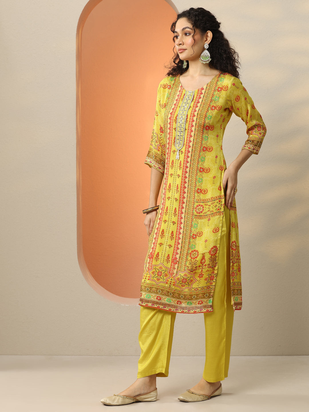Yellow Printed Chinon  Straight Suit Set With Dupatta