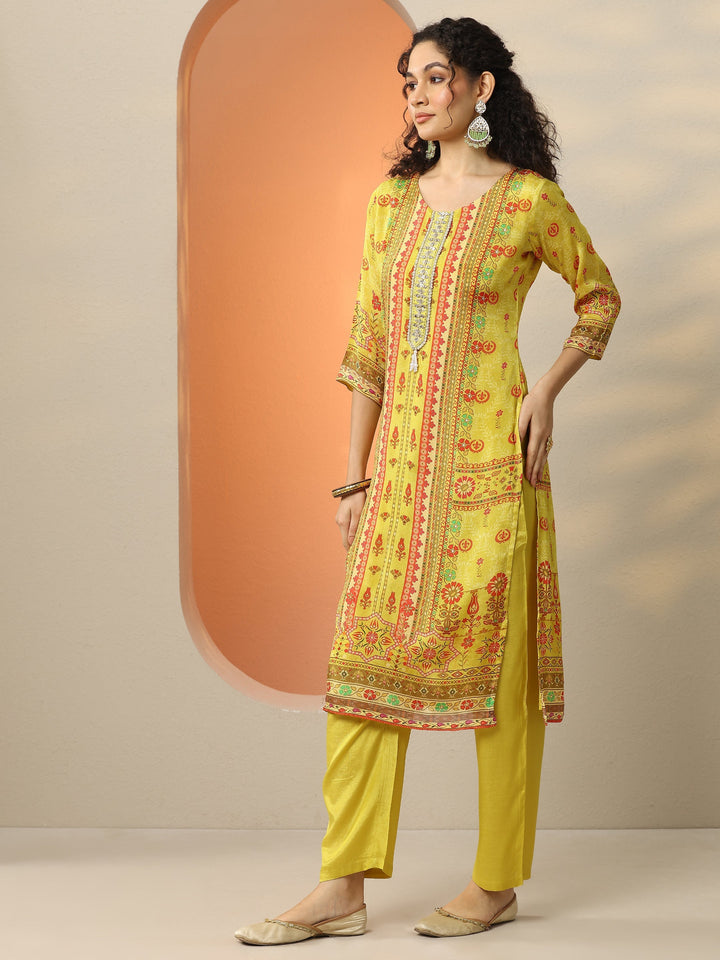 Yellow Printed Chinon  Straight Suit Set With Dupatta