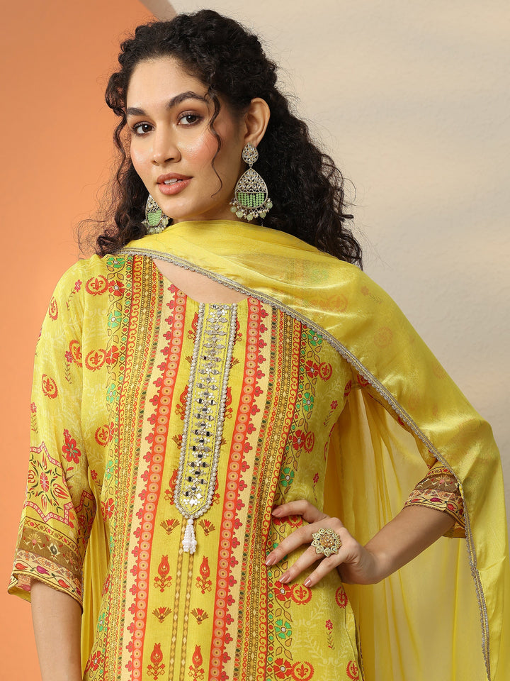 Yellow Printed Chinon  Straight Suit Set With Dupatta