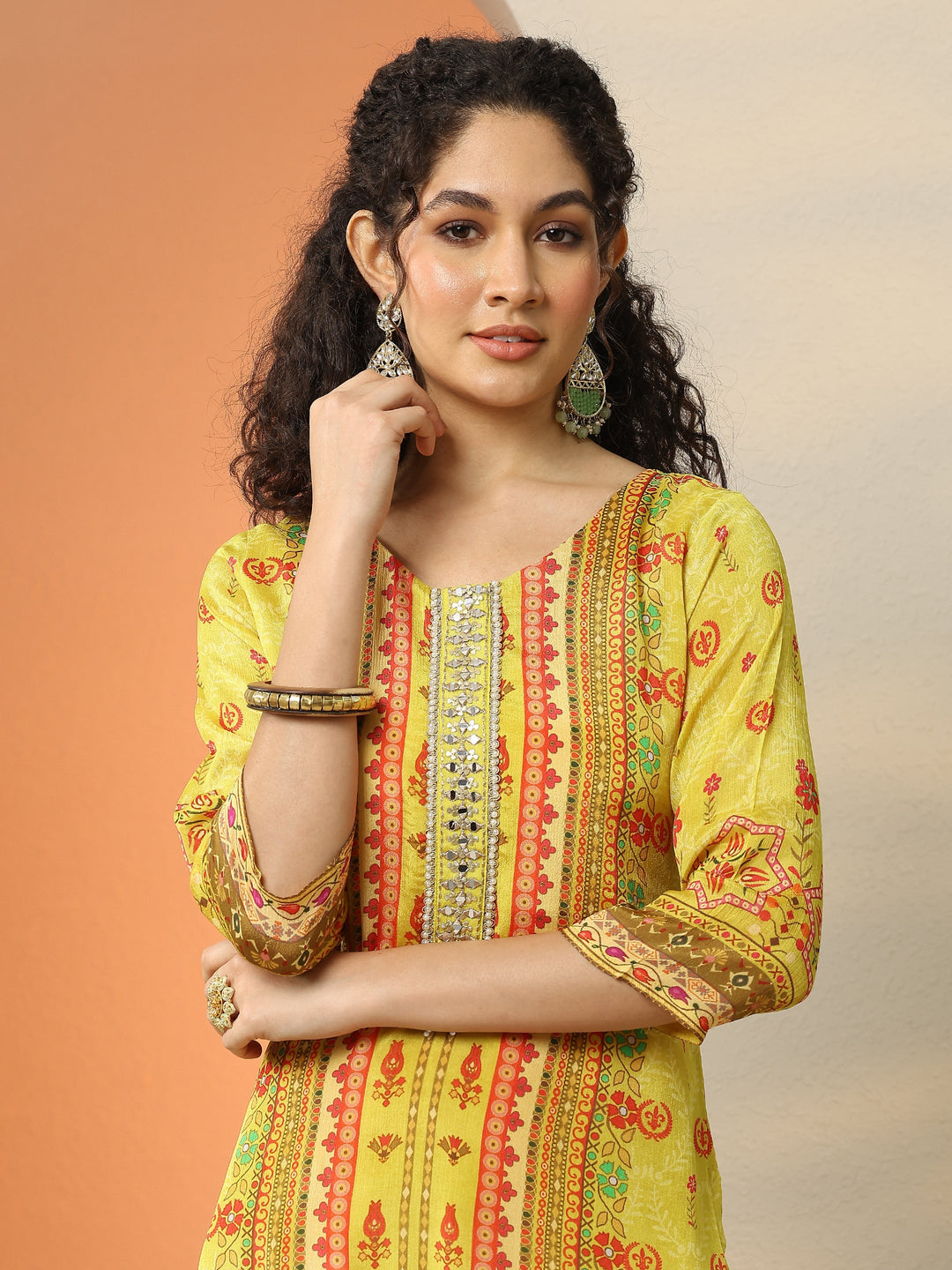 Yellow Printed Chinon  Straight Suit Set With Dupatta