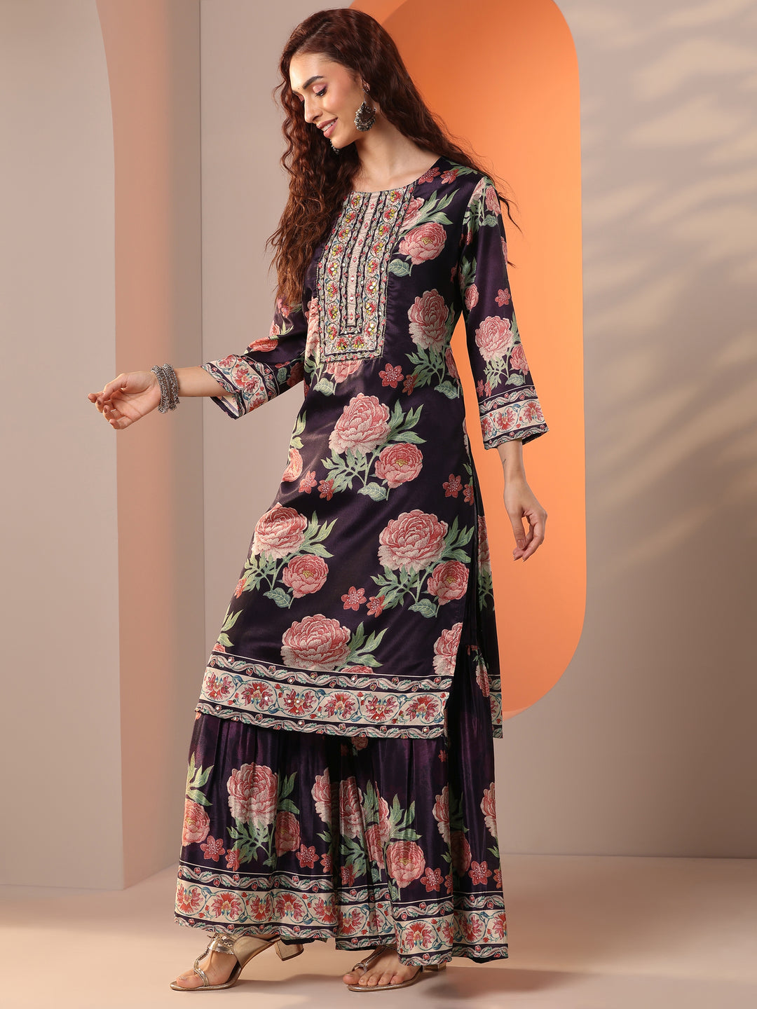 Libas Art Purple Printed Chinon Straight Suit Set With Dupatta