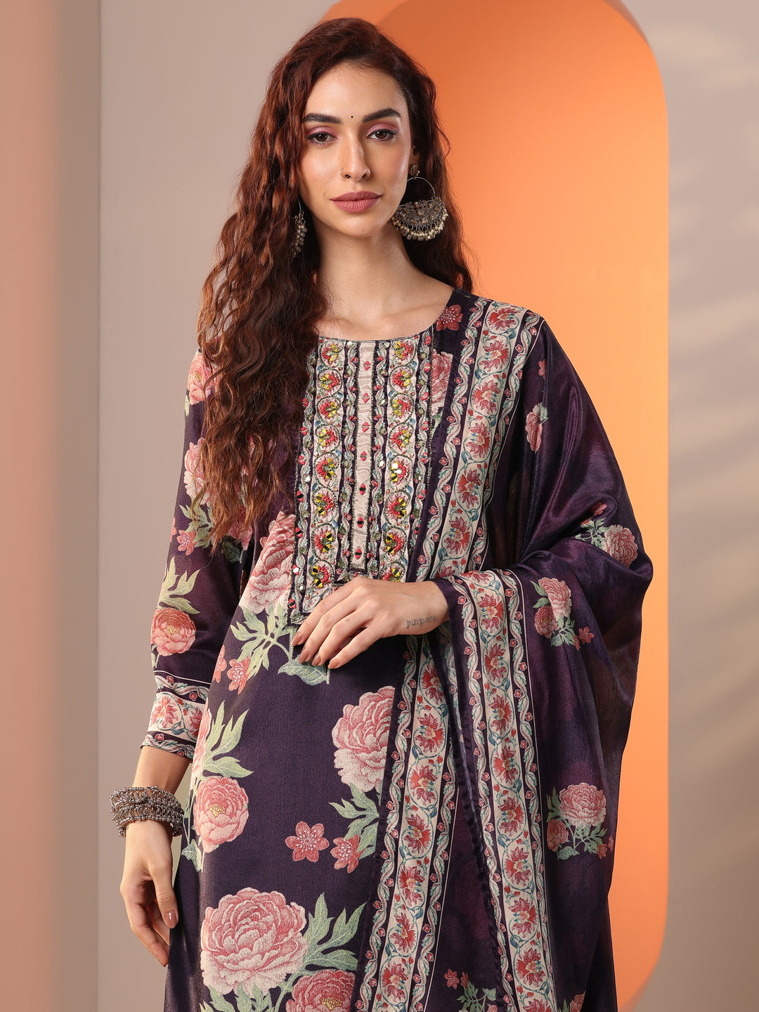 Libas Art Purple Printed Chinon Straight Suit Set With Dupatta