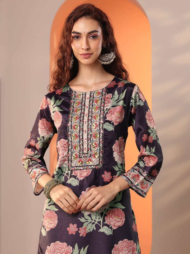 Libas Art Purple Printed Chinon Straight Suit Set With Dupatta