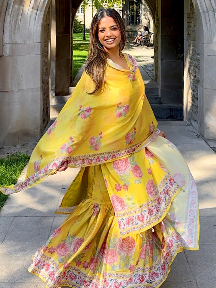 Libas Art Yellow Printed Chinon Straight Suit Set With Dupatta