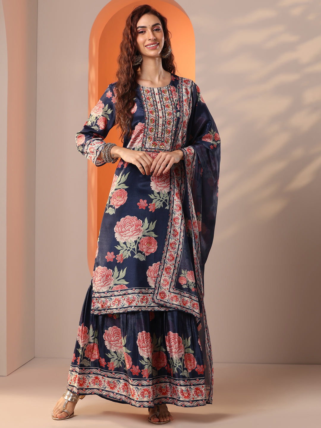 Libas Art Navy Blue Printed Chinon Straight Suit Set With Dupatta