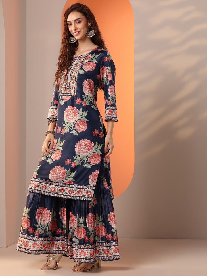 Libas Art Navy Blue Printed Chinon Straight Suit Set With Dupatta
