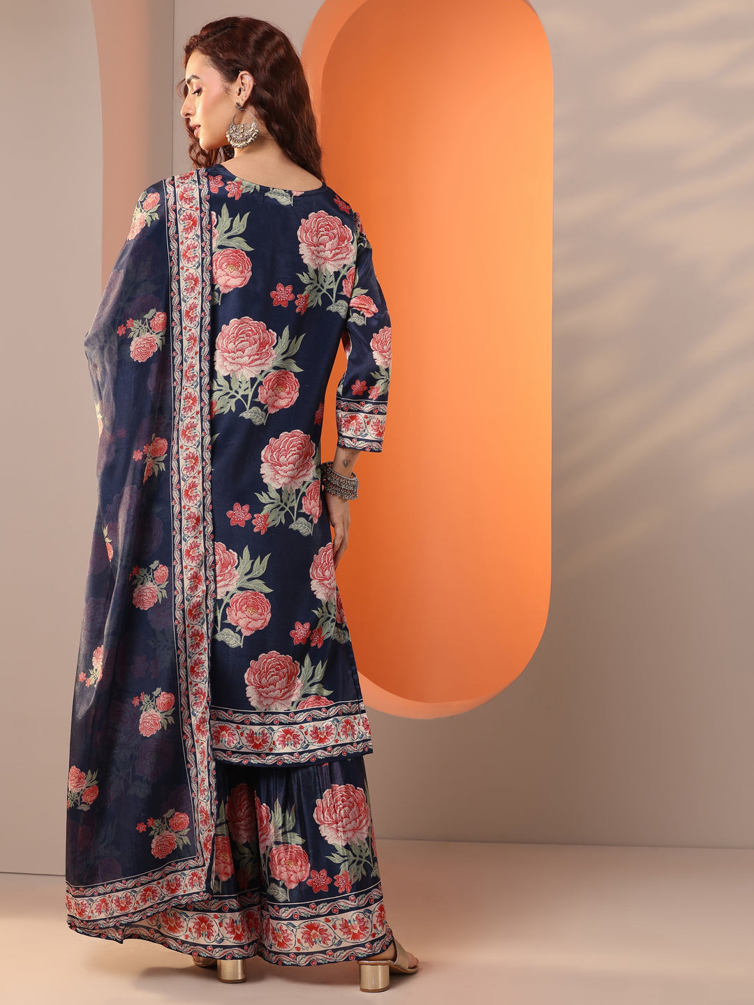 Libas Art Navy Blue Printed Chinon Straight Suit Set With Dupatta