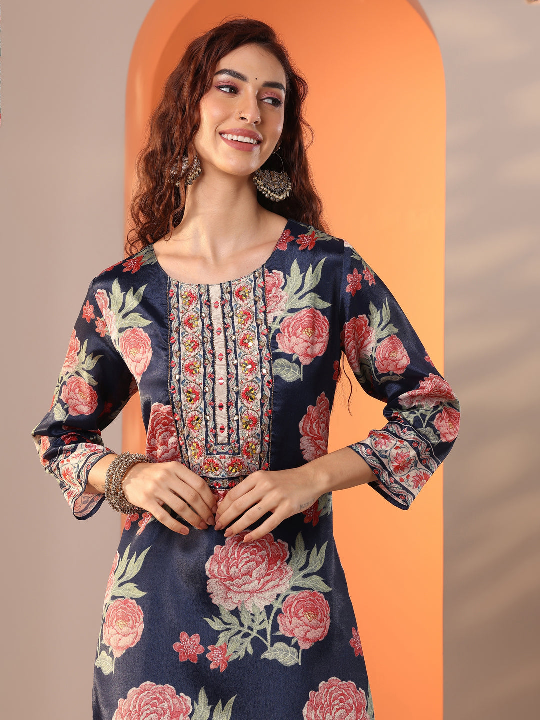 Libas Art Navy Blue Printed Chinon Straight Suit Set With Dupatta