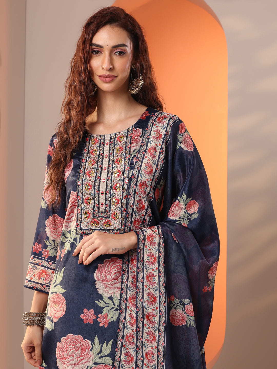 Libas Art Navy Blue Printed Chinon Straight Suit Set With Dupatta