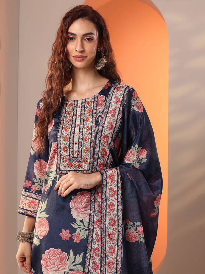 Libas Art Navy Blue Printed Chinon Straight Suit Set With Dupatta