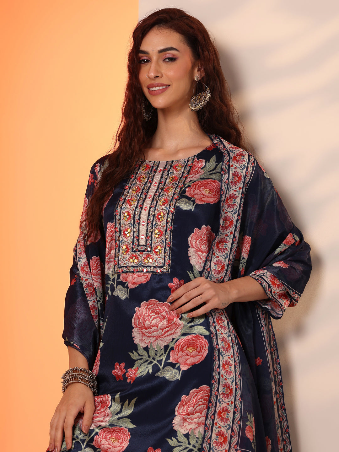 Libas Art Navy Blue Printed Chinon Straight Suit Set With Dupatta