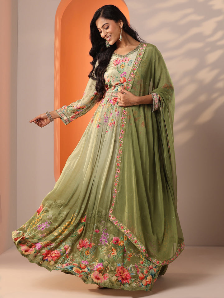Libas Art Green Printed Muslin Anarkali Suit Set With Dupatta