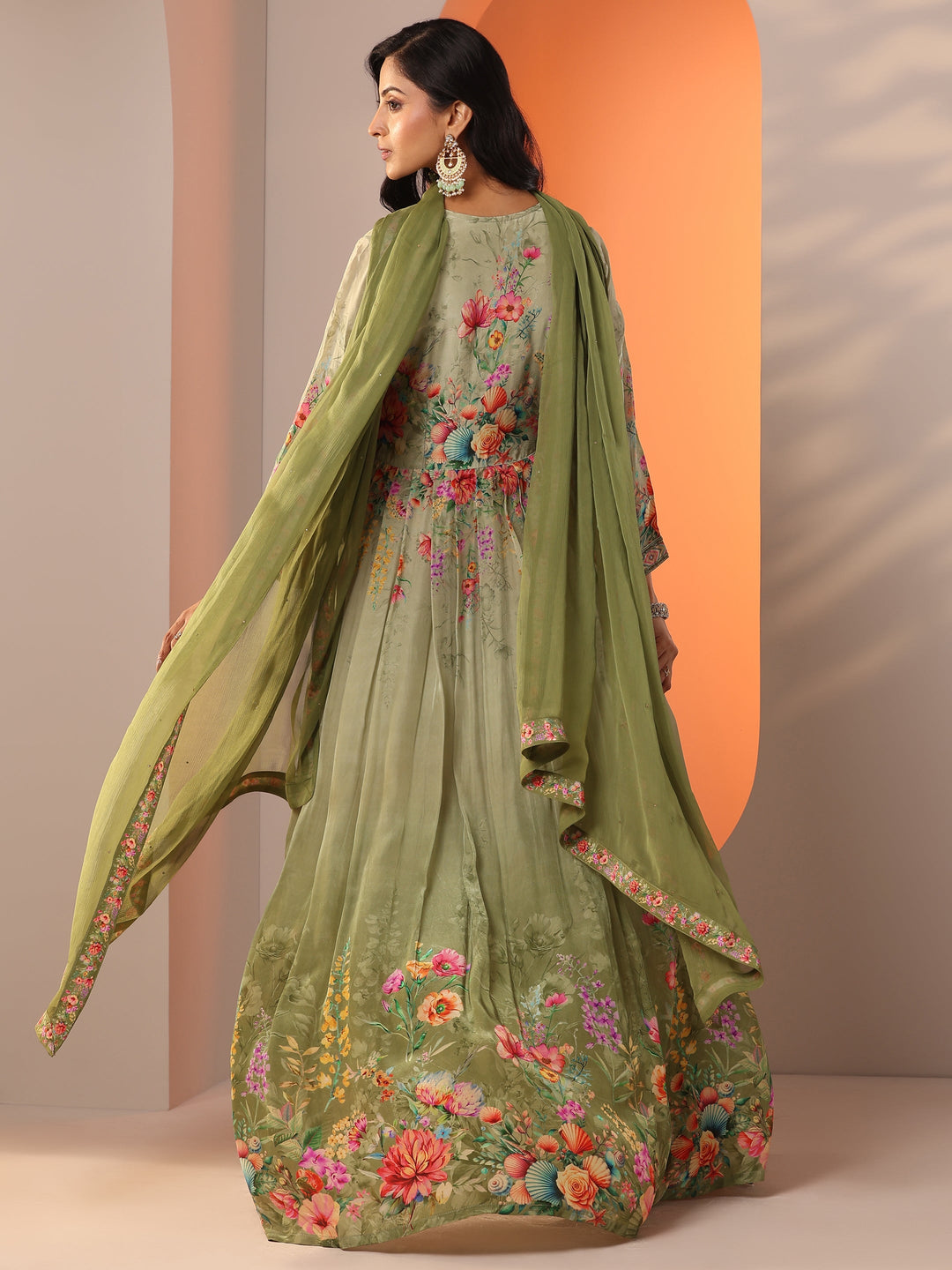 Libas Art Green Printed Muslin Anarkali Suit Set With Dupatta