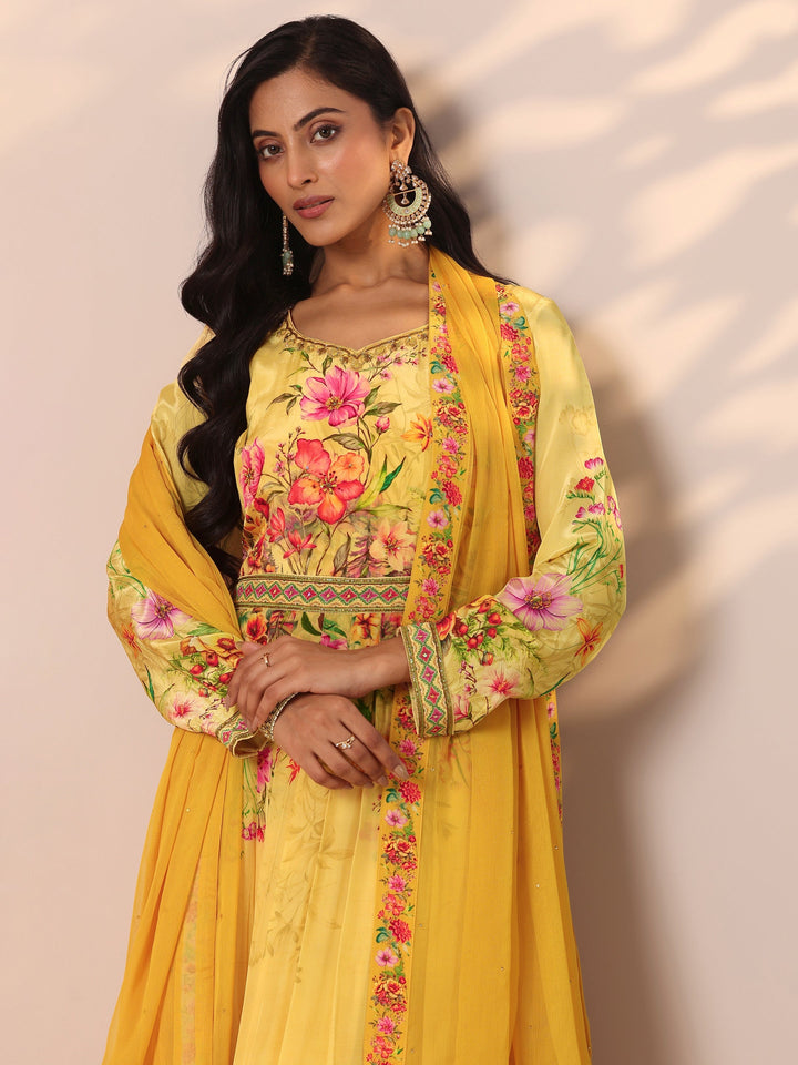 Libas Art Yellow Printed Muslin Anarkali Suit Set With Dupatta
