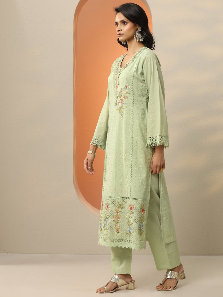 Libas Art Green Embroidered Cotton Straight Suit Set With Dupatta