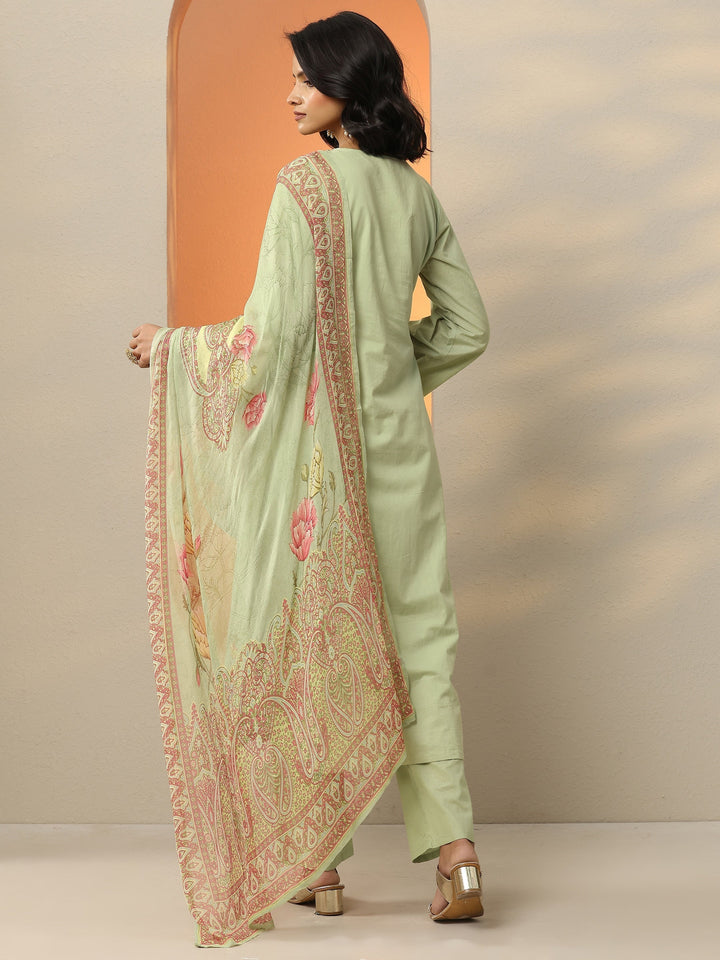 Libas Art Green Embroidered Cotton Straight Suit Set With Dupatta
