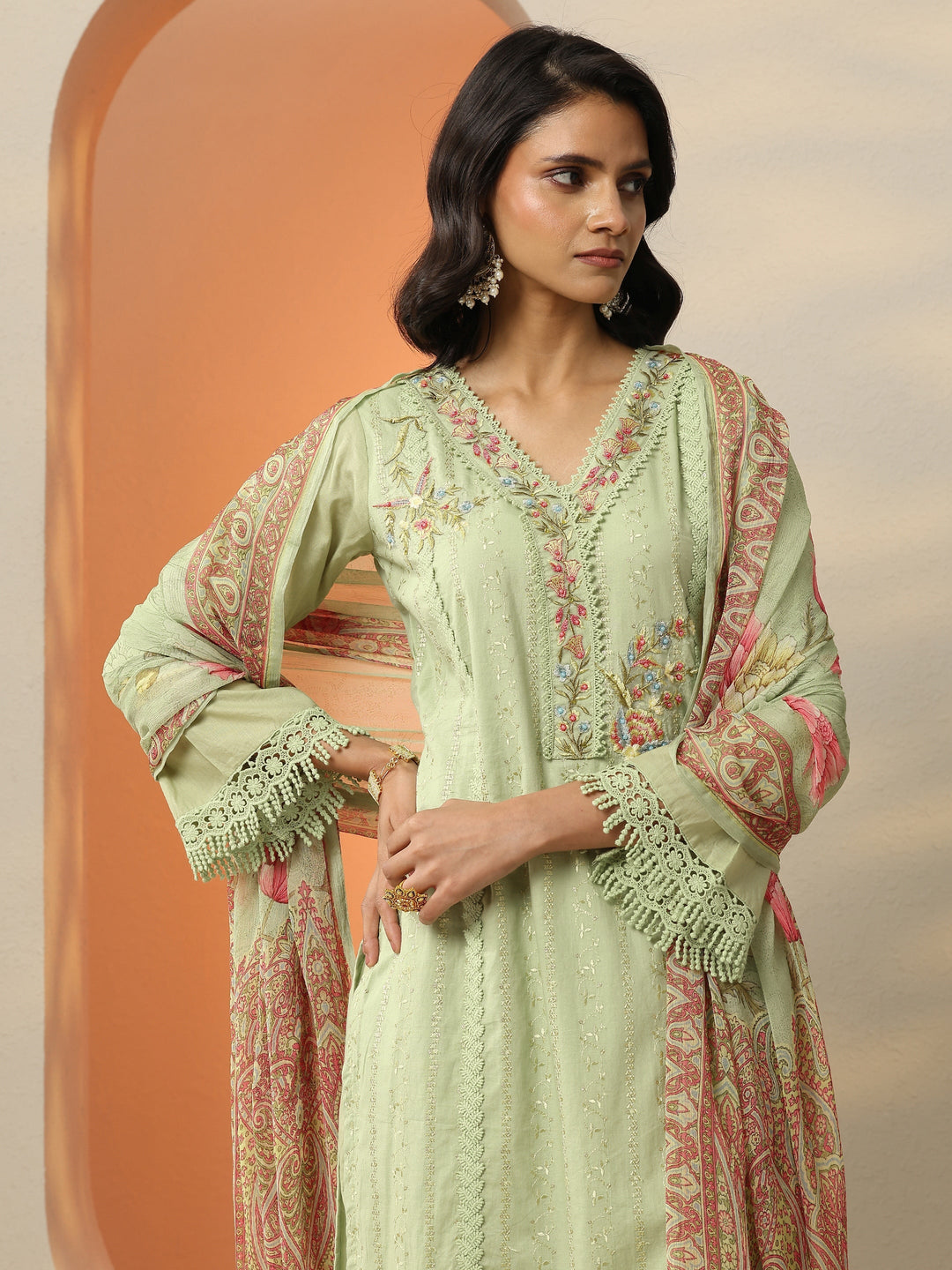 Libas Art Green Embroidered Cotton Straight Suit Set With Dupatta