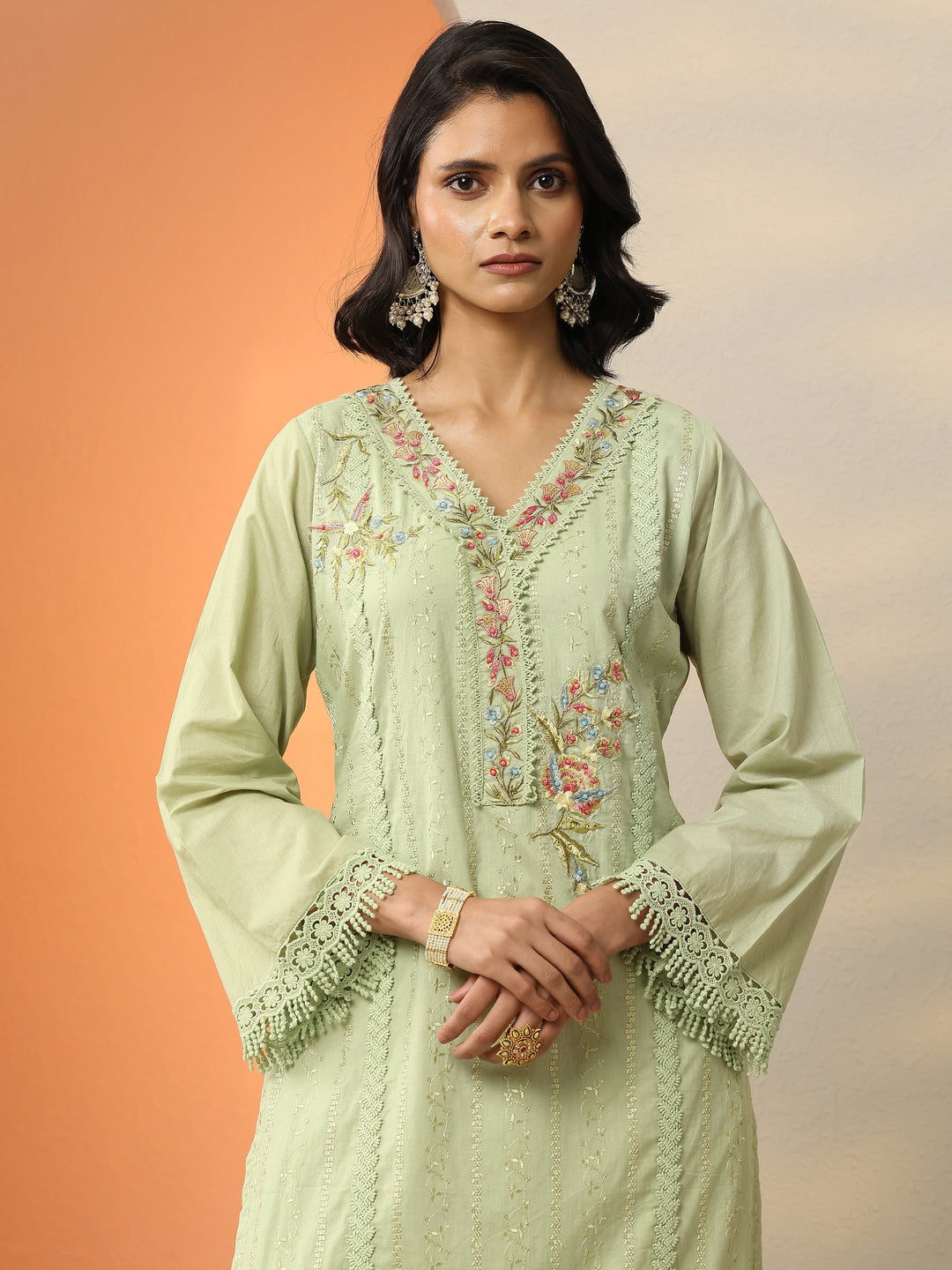Libas Art Green Embroidered Cotton Straight Suit Set With Dupatta