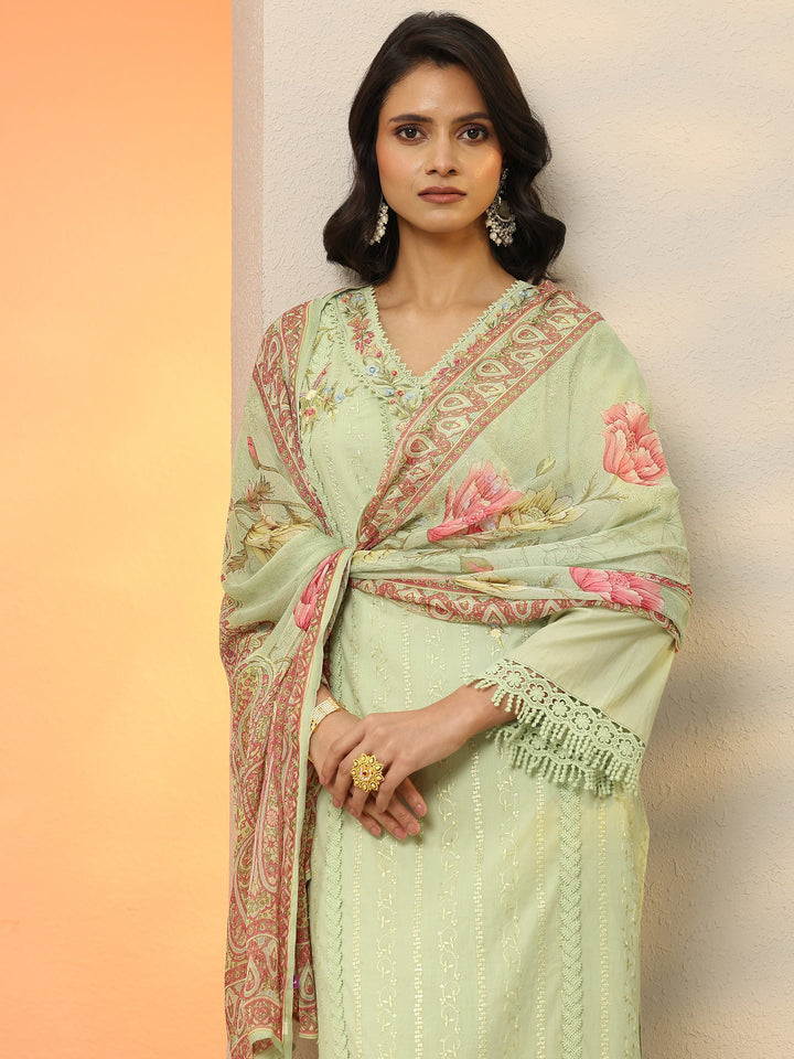 Libas Art Green Embroidered Cotton Straight Suit Set With Dupatta