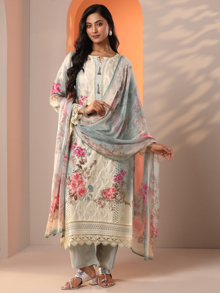 Grey Embroidered Muslin Straight Suit Set With Dupatta
