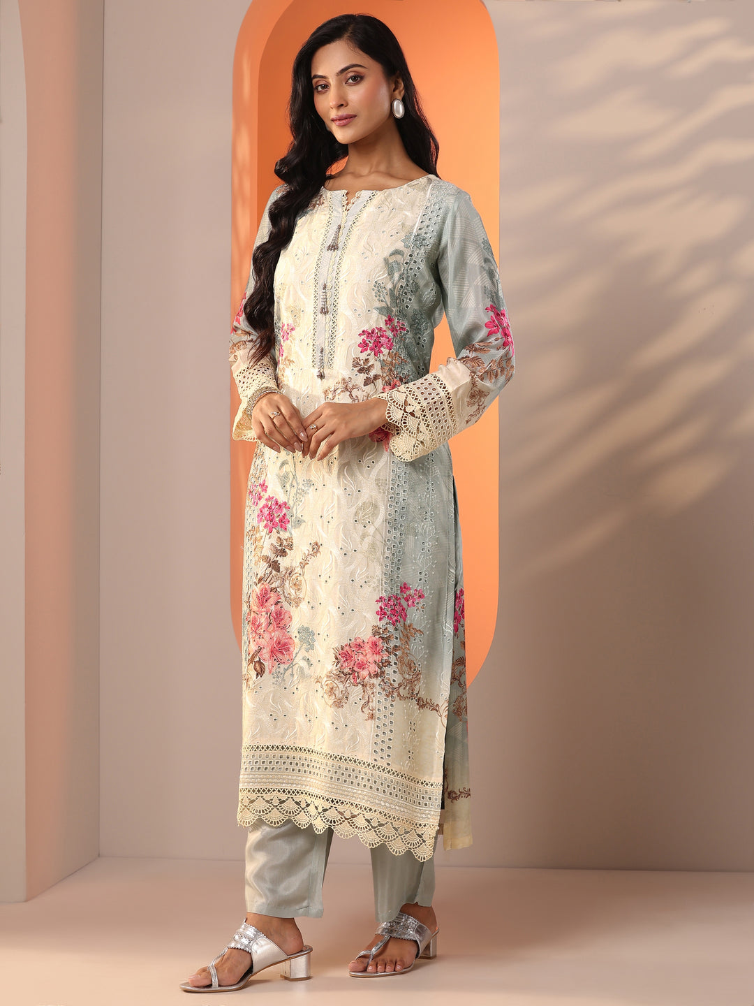 Grey Embroidered Muslin Straight Suit Set With Dupatta