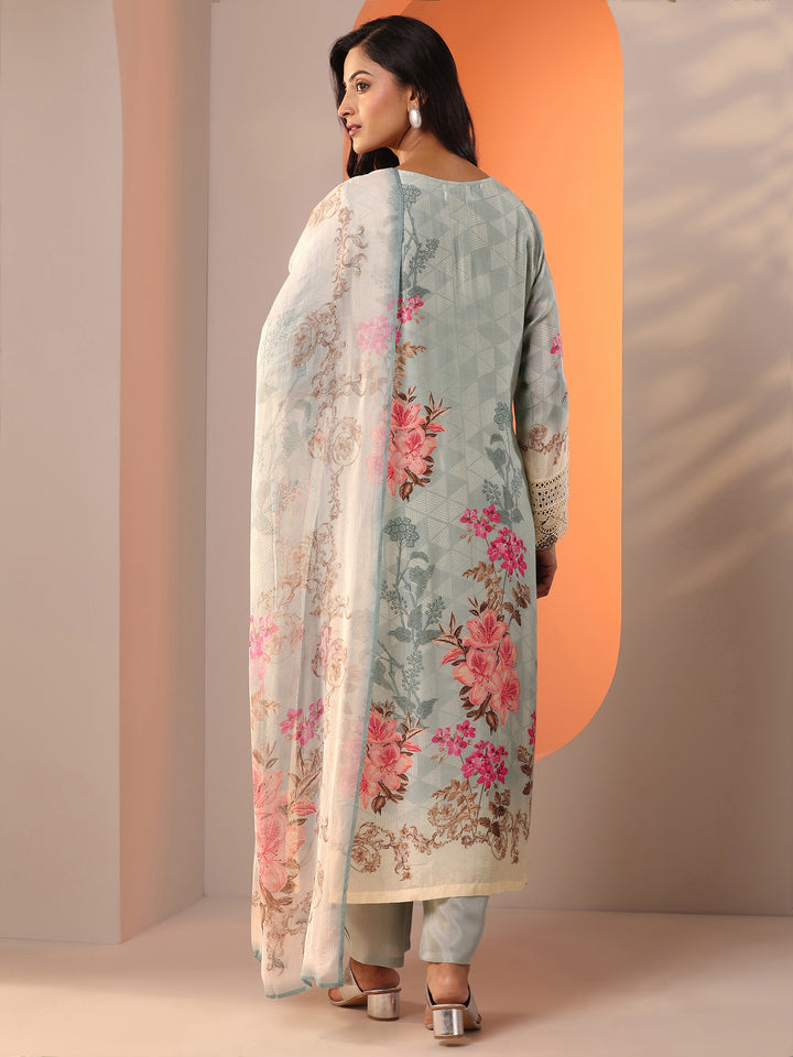 Grey Embroidered Muslin Straight Suit Set With Dupatta