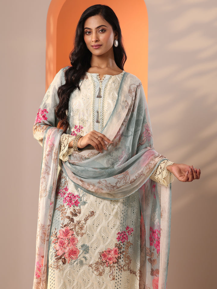 Grey Embroidered Muslin Straight Suit Set With Dupatta