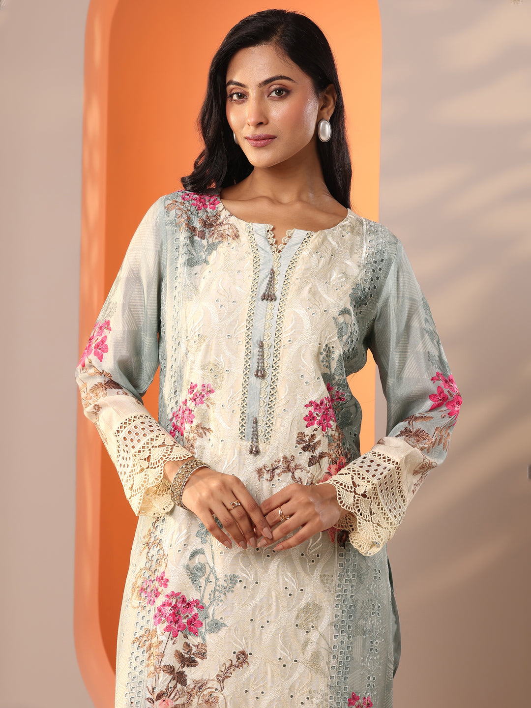 Grey Embroidered Muslin Straight Suit Set With Dupatta