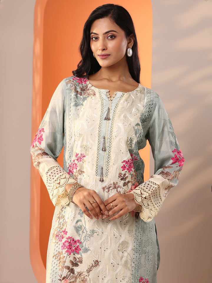 Grey Embroidered Muslin Straight Suit Set With Dupatta