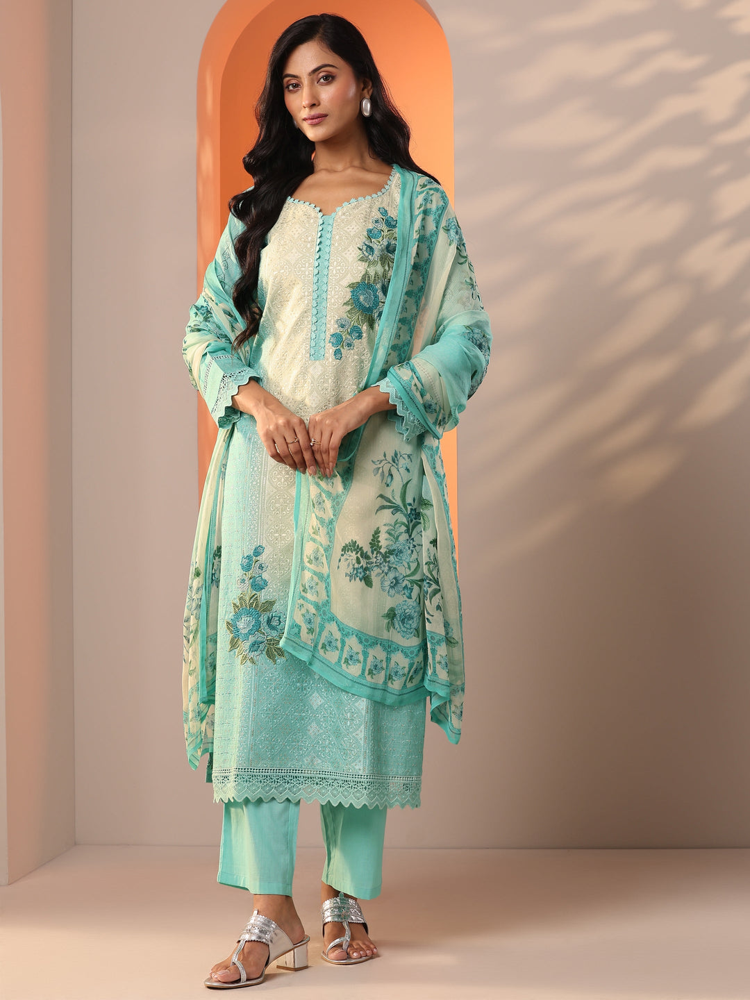 Sea Green Embroidered Cotton Straight Suit Set With Dupatta