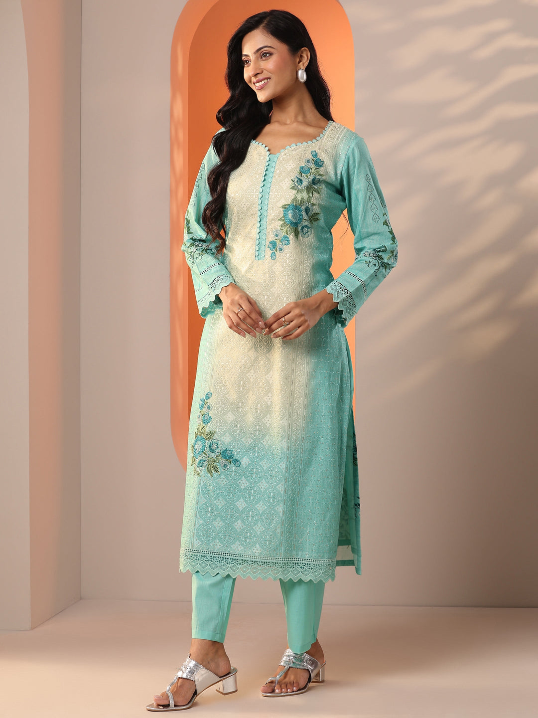 Sea Green Embroidered Cotton Straight Suit Set With Dupatta